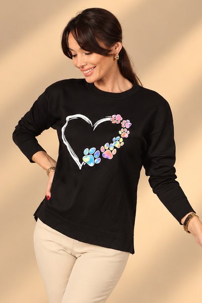 By Saygı Women's Colorful Paw Print Heart Pattern Long Sleeve Blouse