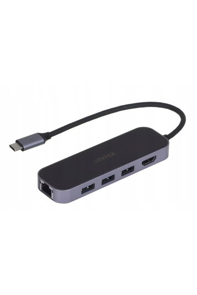 Unitek Hub Unitek, USB-C 3.1, RJ-45, USB, HDMI, 4K, 100W, Negru/Gri
