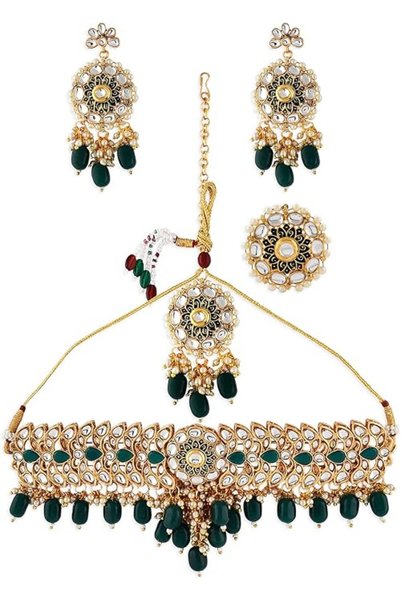 ZAVERI PEARLS طقم مجوهرات نسائي جديد: قلادة خناق كوندان ميناكاري خضراء، أقراط...