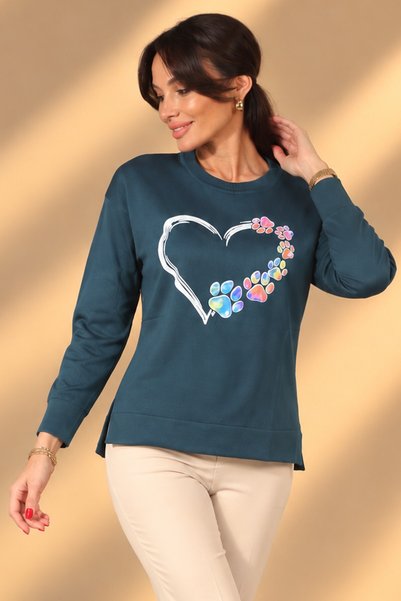 By Saygı Women's Colorful Paw Print Heart Pattern Long Sleeve Blouse