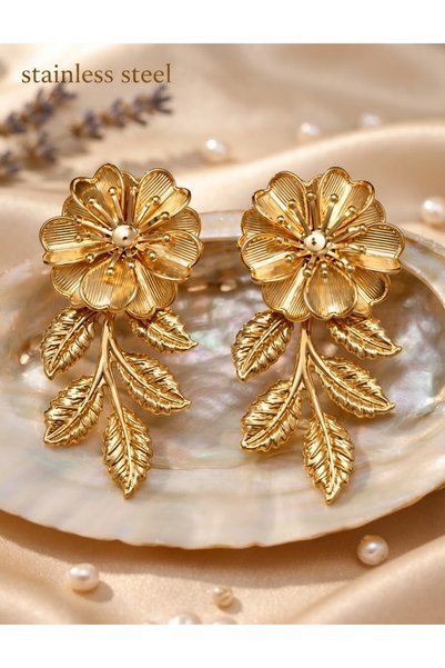 stainless steell Gold Color Zara Model Steel Earrings with Branch Leaf Detail...