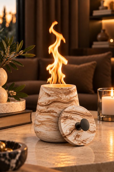 betonmall Mini Masaüstü Bioethanol Şömine Beton Gövdeli Cam Hazneli Dekoratif...