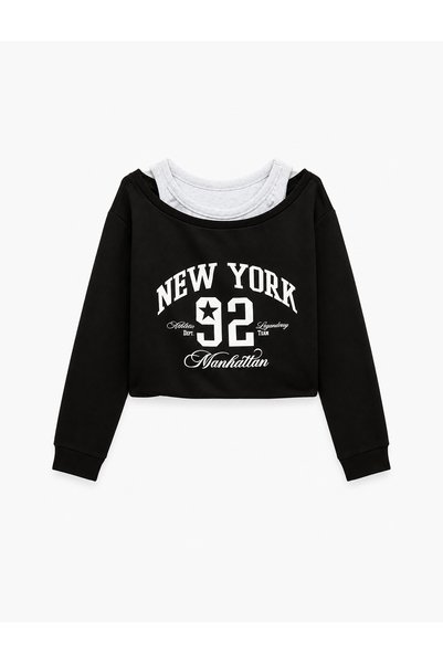 Koton Şardonlu Rahat Kalıp Bisiklet Yaka Uzun Kollu Katmanlı Baskılı Sweatshirt