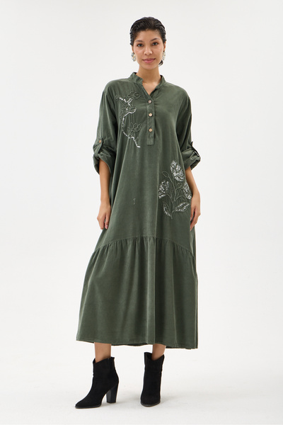 della moor Khaki Italian 100% Cotton Velvet Half-Button Floral Embroidered Lo...