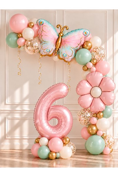ALYA PARTİ 6 Yaş Kelebek ve Papatya Temalı Doğum Günü Balon Seti, Pembe Rakam...