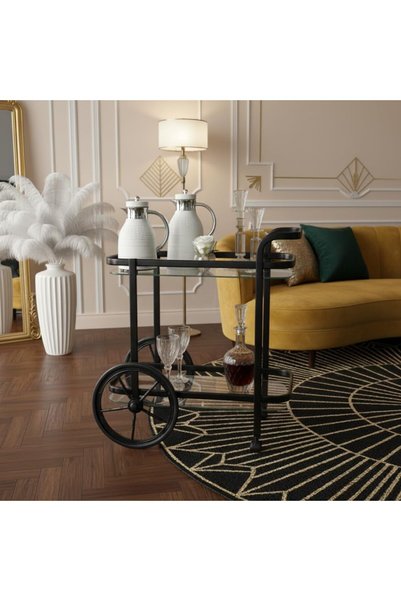 Al Hadaya Mall عربة تقديم زجاجية من الفولاذ 65x35x75 سم - أسود