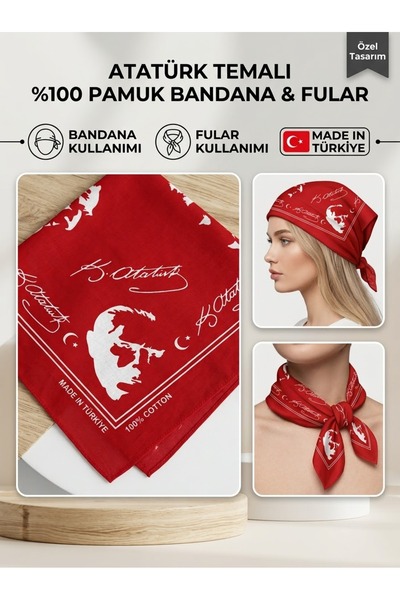 MODA باندانا ووشاح من القطن بنسبة 100% بتصميم أتاتورك - وشاح أحمر متعدد الاست...