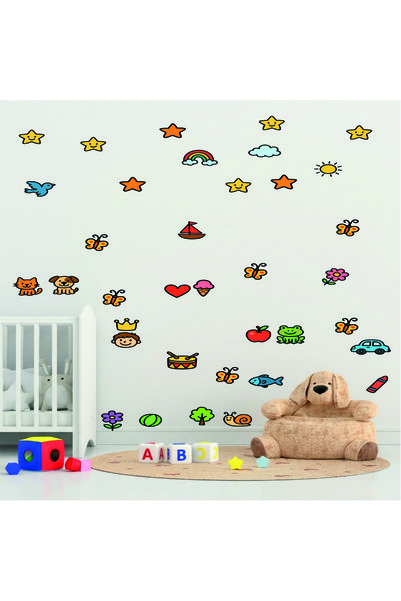 Sevimli Figürler Ve Objeler Çocuk Odası Duvar Sticker Seti - 38 Parça