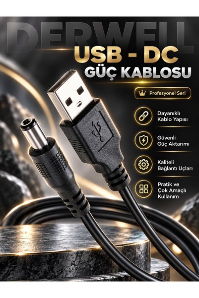 Derwell 1 Metre 1mt USB Dc 5.5x2.5mm Güç Kablosu 5V Dc Güç Kablosu, USB 2.0 Erkek - Dc 5.5mm x 2.5mm Erkek Güç Kablosu