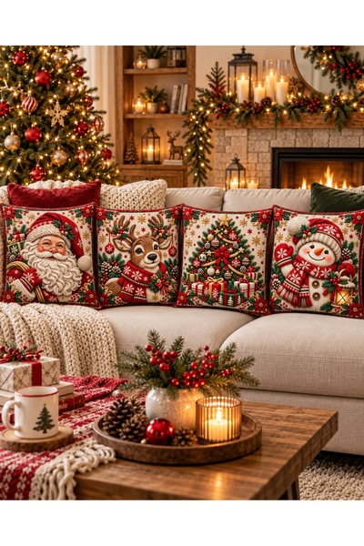 menesahome New Year's Santa Claus, Deer, Snowman, Knitted Effect, Digital Printed, Set of 4 Gift Throw Pillow Covers