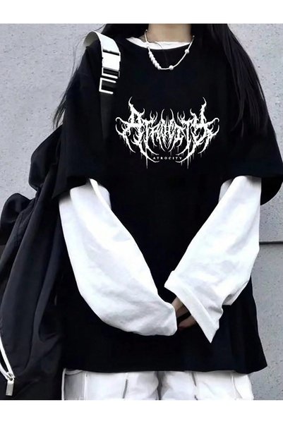 Toum Gothic Graphic Detail Printed Fake Sleeve Unisex Oversize T-Shirt