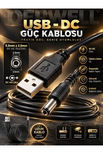 Derwell 1 Metre 1mt USB Dc 5.5x2.5mm Güç Kablosu 5V Dc Güç Kablosu, USB 2.0 Erkek - Dc 5.5mm x 2.5mm Erkek Güç Kablosu
