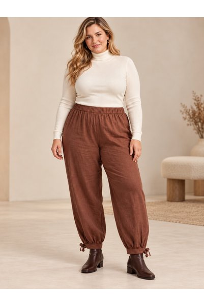 DEEP FAIR Women's Plus Size Elastic Waist Tie-Cuff Comfortable Cut Brown Ball...