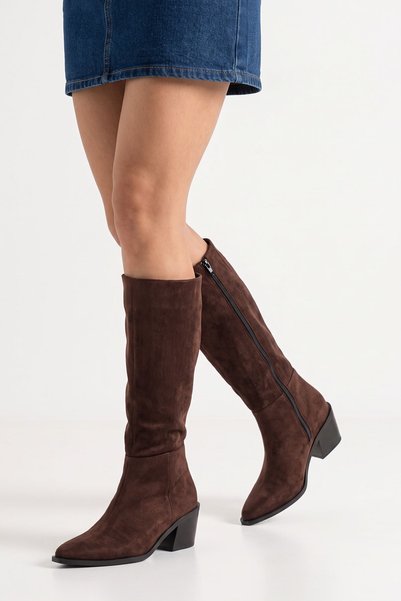 MODAADAM Women's Almelo Short Heeled Zippered Pull-On Cowboy Boots - Brown-Suede