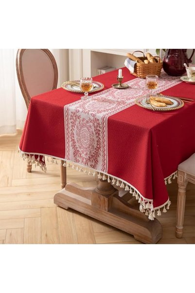 GENERAL Boho Fringe Table Cloth for Dining Table 6-8 Seater,87in/220cm