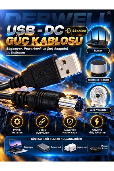 Derwell 1 Metre 1mt USB Dc 5.5x2.5mm Güç Kablosu 5V Dc Güç Kablosu USB 2.0 Erkek Modem/Router/Vantilatör/Ses Bombası Speakerı vs Elektronik Cihazlar İle Uyumlu Ceryan Kablosu