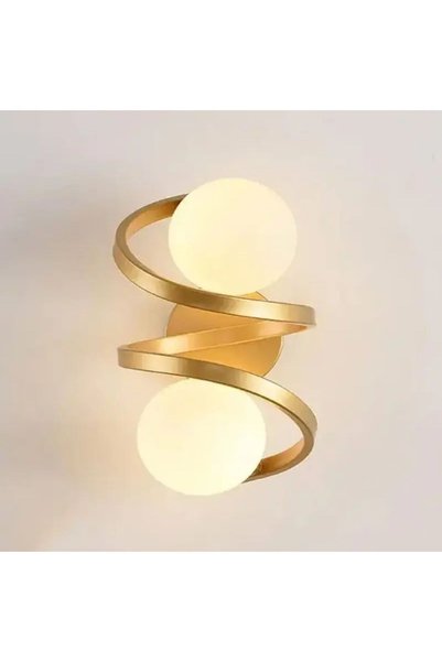 Jiju Candelabru/aplică spiralată cu 2 globuri din sticlă albă, corp auriu, so...