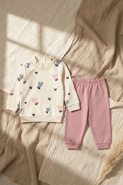 Babydonat Amore 100% Cotton Lace Collar Heart Patterned Baby Top and Bottom S...