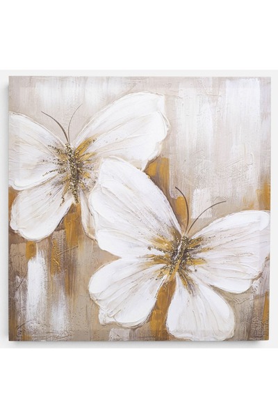 OEM Pictură în ulei cu fluturi albi pe pânză 40x40cm cu detalii cu sclipici a...