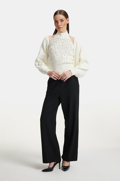 Cmc Tekstil Women's Cream Stone Embroidered Halter Neck Knitwear Blouse Cardigan Double Set
