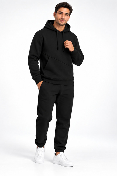 BADESSA Men's Black 3 Thread Hooded Sweatpants Set with Side Cut Pockets and ...