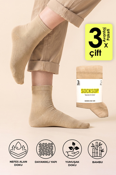SOCKSOP Kadın Bambu Kısa Soket Çorap 3'lü Paket
