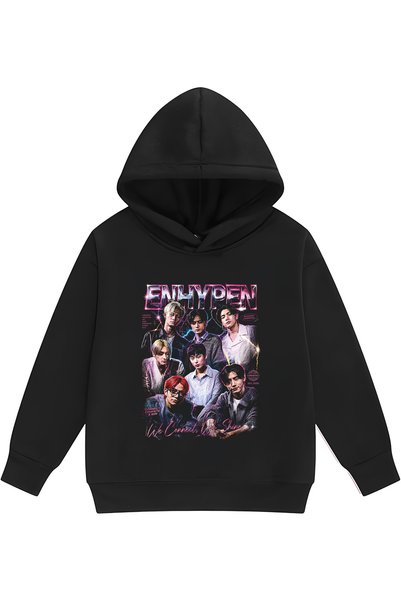 PANDORICA سويت شيرت بقلنسوة بدون جيوب للأطفال مطبوع عليه Enhypen KPOP