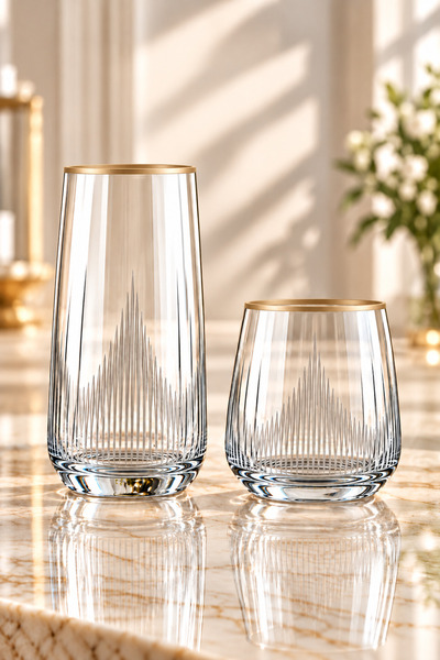 sglass 6 Kişilik 12 Parça Alev El Dekor Gold Su Takımı, Bardak Seti