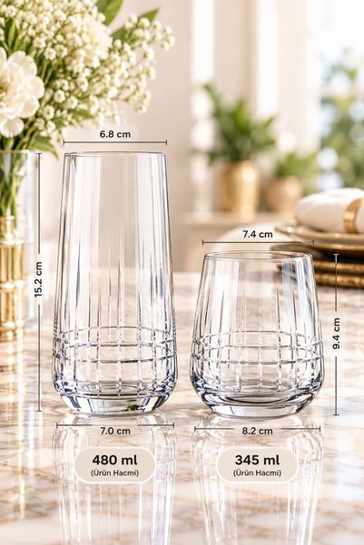 sglass 6 Kişilik 12 Parça Ekose El Dekor Su Takımı, Bardak Seti