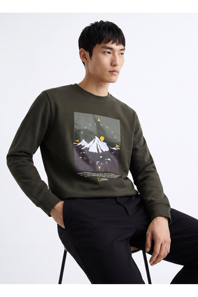 NATIONAL GEOGRAPHIC N6WM-SWT4339 Haki Kapüşonlu Relaxed Baskılı Erkek Sweatshirt