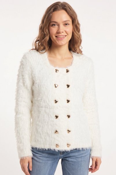 hadiora Women's White Gold Heart Buttoned Soft Fuzzy Cardigan