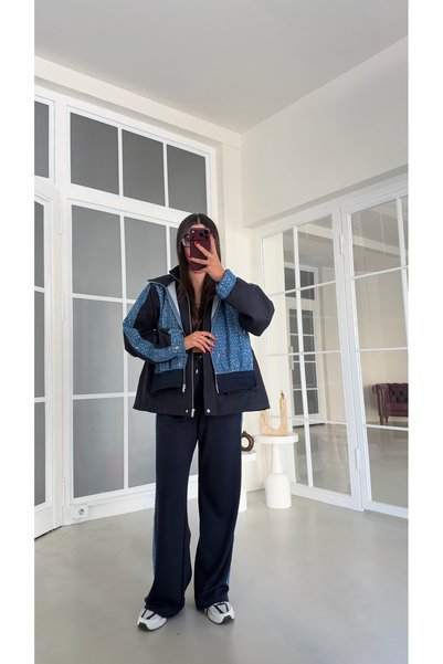 GAUS CO Lacivert Pullu Beli Lastikli Ceket Pantolon Paraşüt Detaylı Modal Tak...