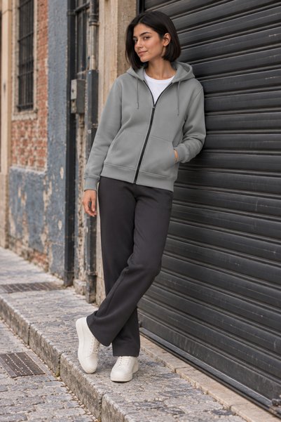 Quanlex Winter Hooded Zippered Cardigan with Fleece Pockets Gray Women's Sweat Jacket