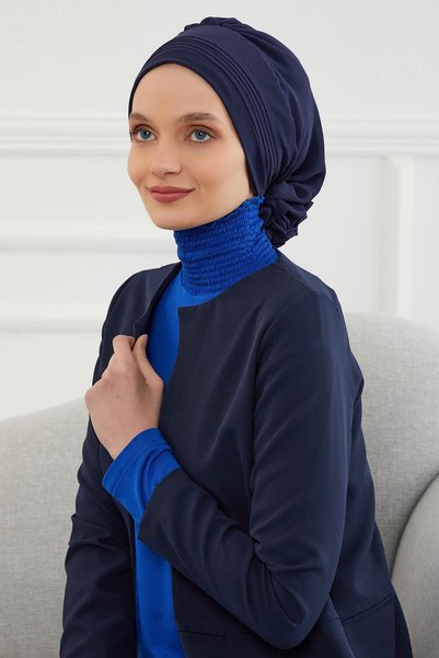 METKAR Pleated Design Chiffon Ready-To-Wear Turban, Ht-31, Ht-31 Navy Blue