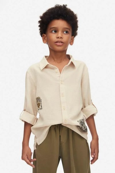 NK Boy's Beige Cotton Linen Look Buttoned Shirt - Ethnic Patterned