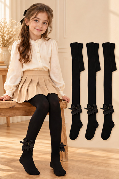Defne Baby Girl's Black 3-Piece Premium Pantyhose Set with Ribbon Detail