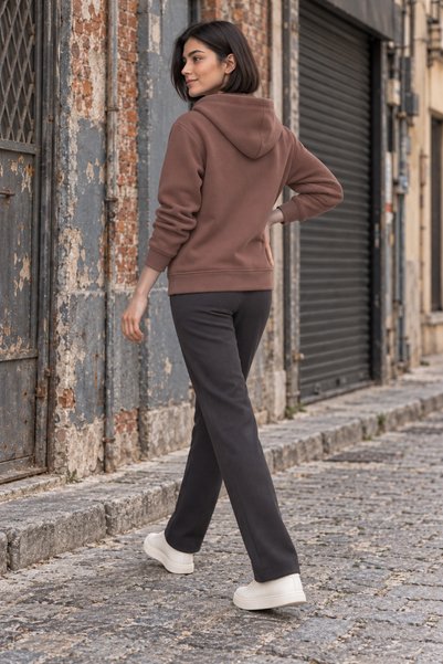 Quanlex Winter Hooded Zippered Cardigan with Fleece Pockets Brown Women's Sweat Jacket