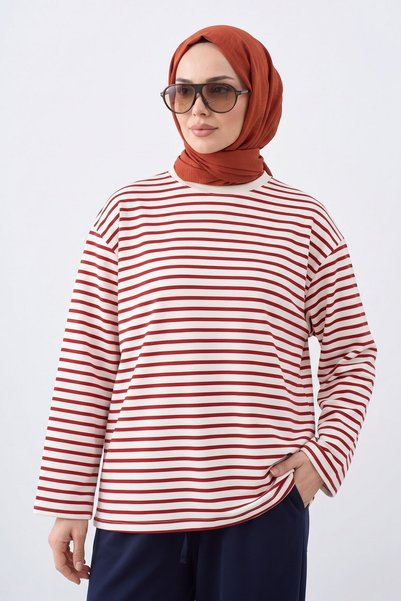 Modestim Tesettür Kadın Kırmızı Çizgili Oversize Sweatshirt Bisiklet Yaka Uzu...