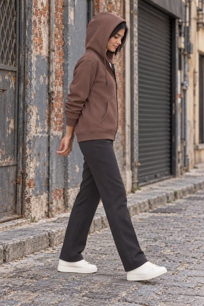 Quanlex Winter Hooded Zippered Cardigan with Fleece Pockets Brown Women's Sweat Jacket
