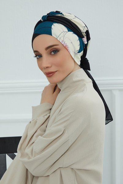 METKAR Chiffon Belted Patterned Combed Cotton Bonnet, B-24Yd Pattern 32 - Black