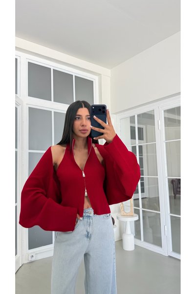 GAUS CO Kırmızı Bolero Detaylı İkili Triko Takım GAUS-02037