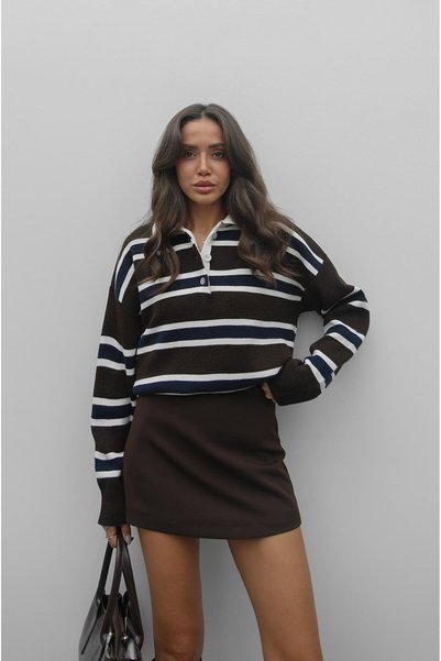hiraz fashion Women's Coffee Colored Striped Polo Collar Oversized Sweater