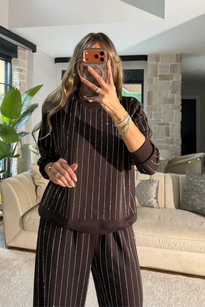 SHILSEE BEUTİQUE Stone Striped Elastic Waist Modal Sweat Pants Set Brown