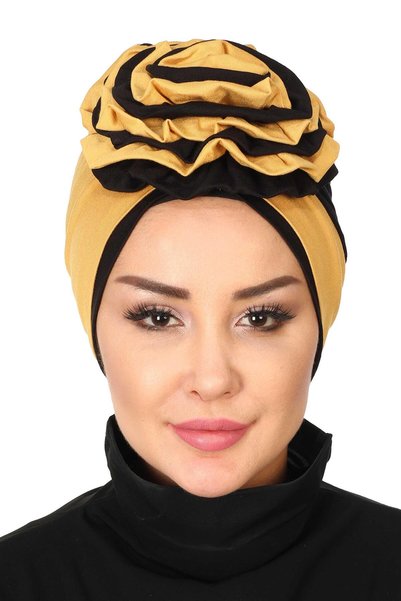 METKAR Double Color Rose Bonnet, B-28 Mustard Yellow - Black