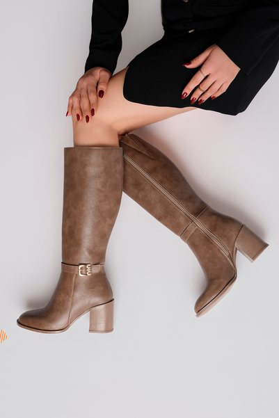 BAHRİNA Women's Mink Skin Thermo Rubber Sole Heeled Boots with Stone Buckle