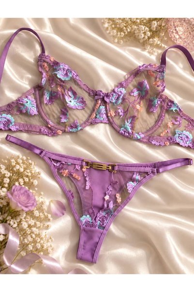 Noirelle Lingerie Kadın Mor Çiçek Nakışlı Transparan Tül Balenli Dolgusuz Süt...