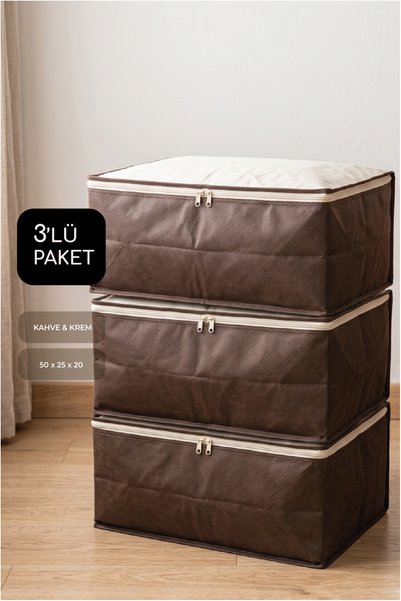 Vedsey Home Organizer 3'lü Set Orta Boy 50x25x20 Cm Baza & Çekyat Altı , Kıyafet Düzenleyici Hurç Kahve & Krem