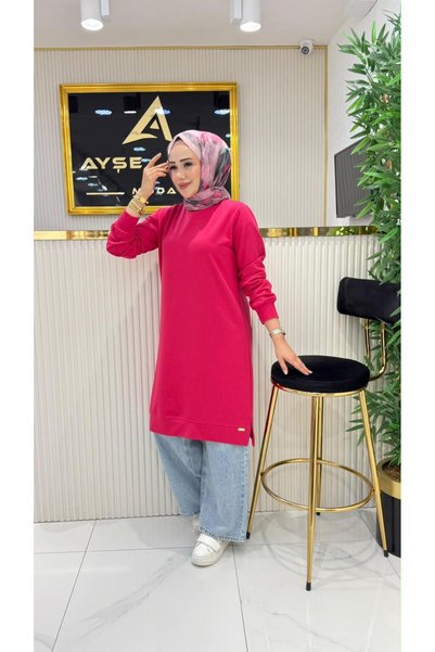 LİVAMODA43 AYŞE AKAY TESETTÜR TUNİK BİSİKLET YAKA UZUN KOLLU YIRTMAÇLI BASİC ...