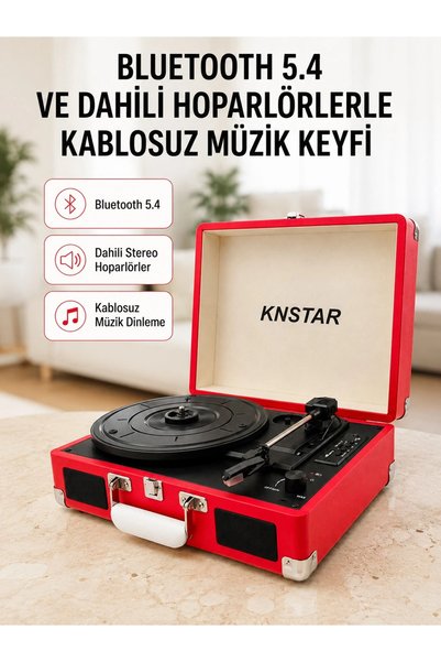 PlentifulTaşınabilir Bavul Tipi Pikap Bluetooth Özellikli Dahili Hoparlörlü USB ve SD Kart Destekli Kırmızı