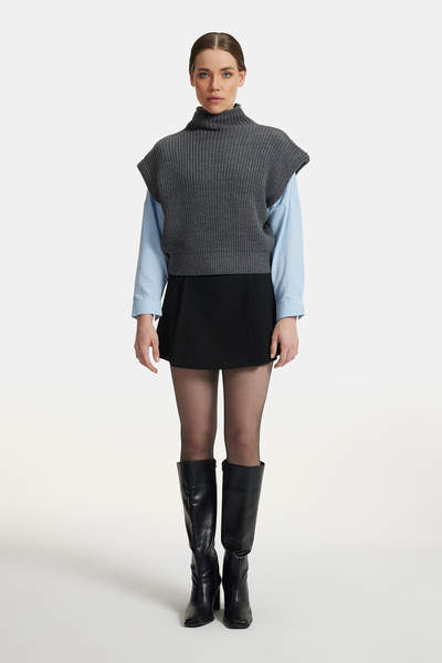Cmc Tekstil Women's Anthracite High Collar Thick Ribbed Knit Sweater